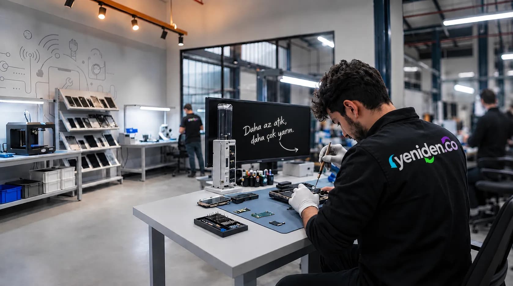 Yeniden.co atölyesinde bir teknisyen telefon anakartını onarırken